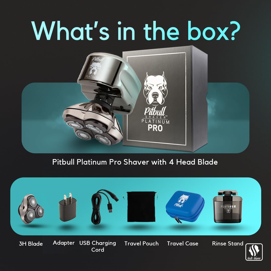 Skull Shaver Pitbull Platinum PRO Head & Face Shaver Kit - Cordless Electric Shaver - Wet & Dry Shaving Capabilities - Comes with Travel Case, USB Charging Cable & Rinse Stand - with Bonus Blade