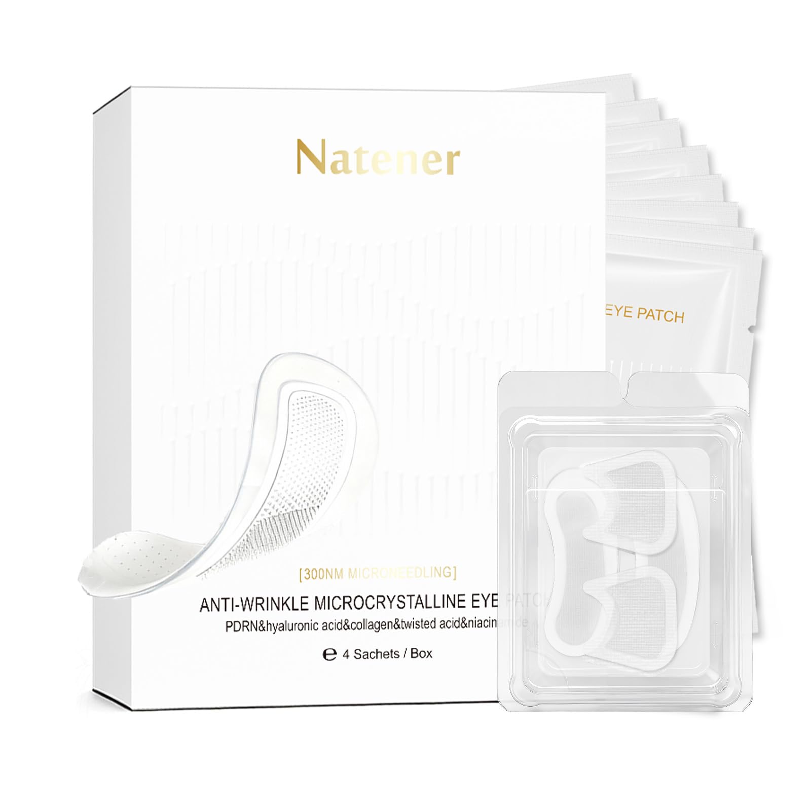 Natener PDRN 4 Pairs Micro Eye Patches & Crows Feet Wrinkle Patches & Smile Lines Wrinkle Patches, Under Eye Patches for Puffy eye, Dark Circle - Hyaluronic, Kojic, Collagen, Peptide, VC