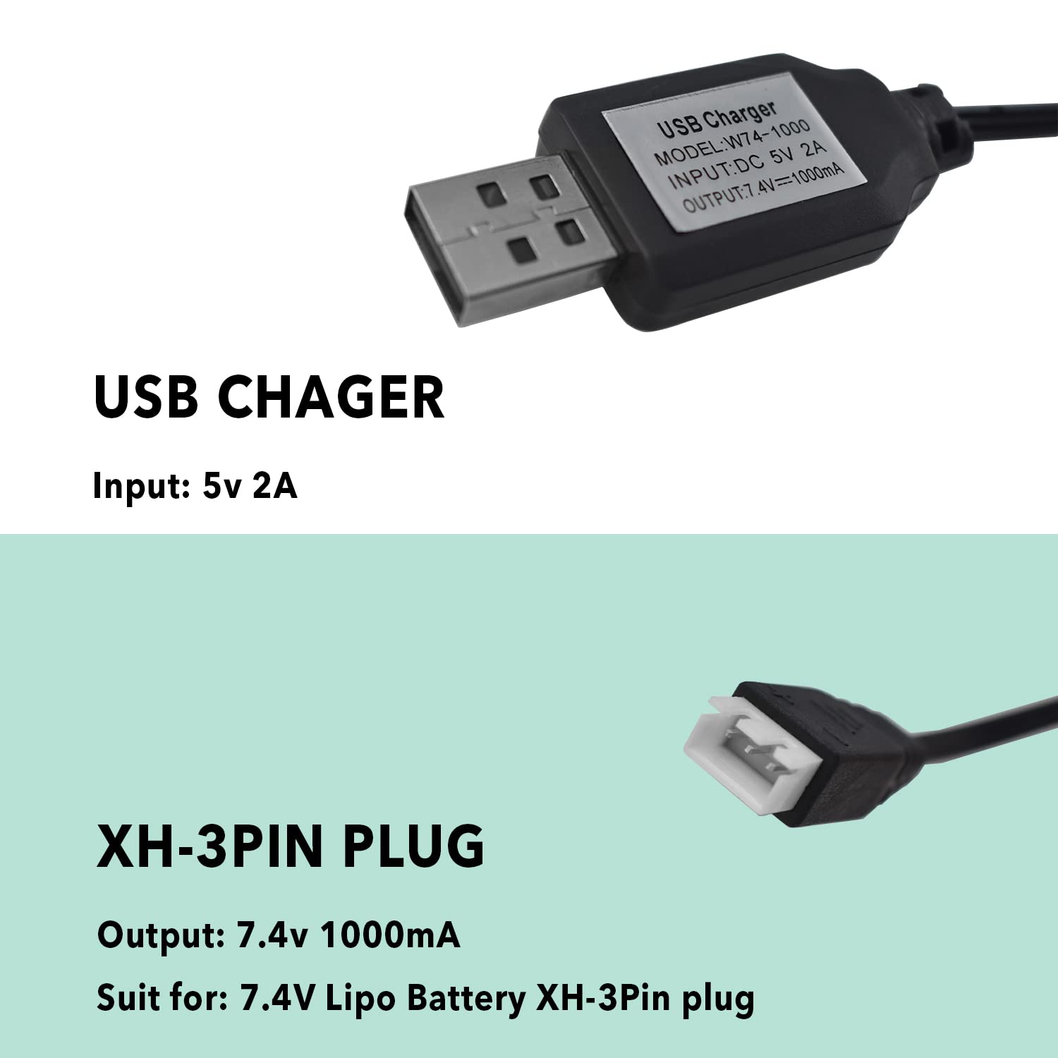 2PCS USB Charger Cable with XH-3P Connector for SCX24 RC Car, Holyton Remote Control Car, 2S 7.4V LiPo Battery RC Car, Rock Crawler FPV Drone Quadcopter