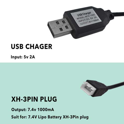 2PCS USB Charger Cable with XH-3P Connector for SCX24 RC Car, Holyton Remote Control Car, 2S 7.4V LiPo Battery RC Car, Rock Crawler FPV Drone Quadcopter