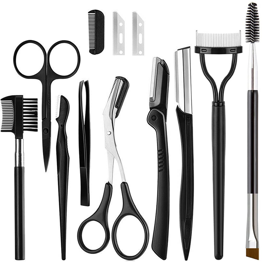 KINGMAS 9PCS Eyebrow Trimmer Kit, Face Razors, Facial Trimmer Shaver, Eyelash Comb, Angled Brush, Grooming Scissors, Brow Tweezers for Women