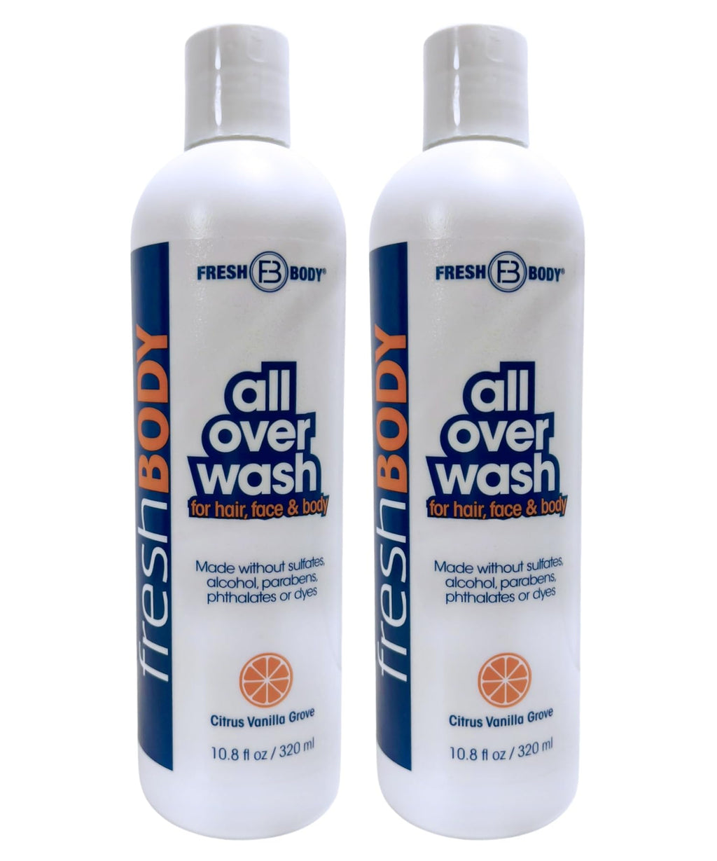 Fresh Body FB All Over Wash for Hair, Face & Body - Shampoo and Body Wash for Men & Women, Citrus Vanilla Grove Shower Gel, 10.8oz (2 Pack) Made without Alcohol, Sulfates, Dyes or Parabens