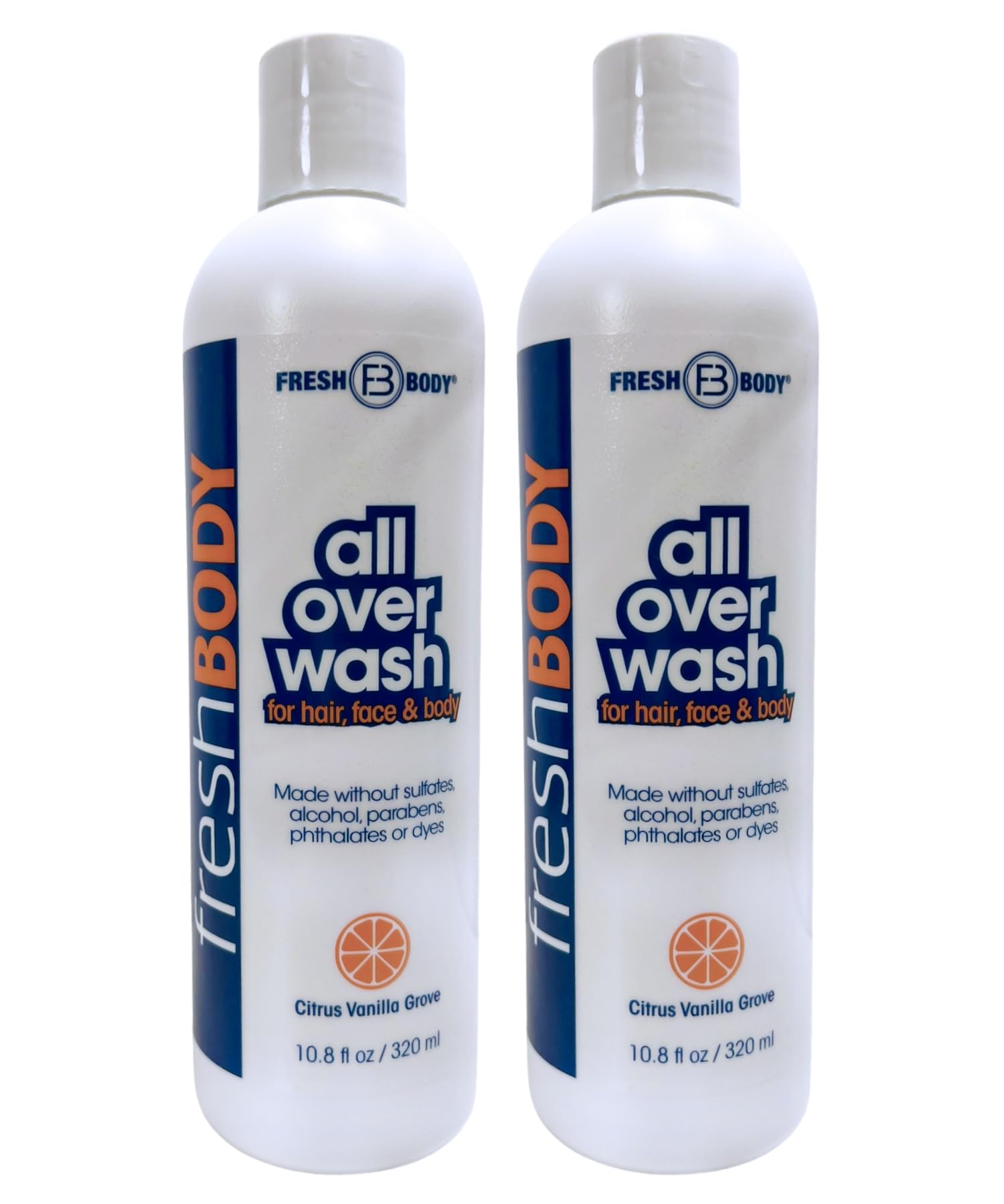 Fresh Body FB All Over Wash for Hair, Face & Body - Shampoo and Body Wash for Men & Women, Citrus Vanilla Grove Shower Gel, 10.8oz (2 Pack) Made without Alcohol, Sulfates, Dyes or Parabens