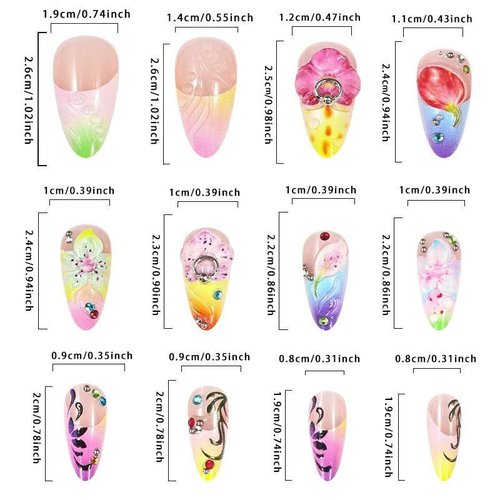 LBPEPAMZ 24Pcs Colorful Flower Press on Nails Medium Almond Fake Nails with 3D Water Drop Rhinestones Design Yellow Blue Ombre French Tip False Nails Summer Spring Acrylic Stick on Nails for Women