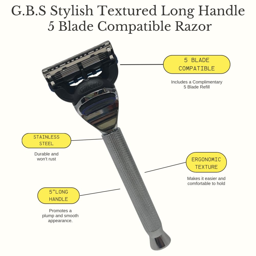 G.B.S Stylish Long Handle Textured Ergonomic Shaving Razor with Protective Leather Case for Travel, Chrome