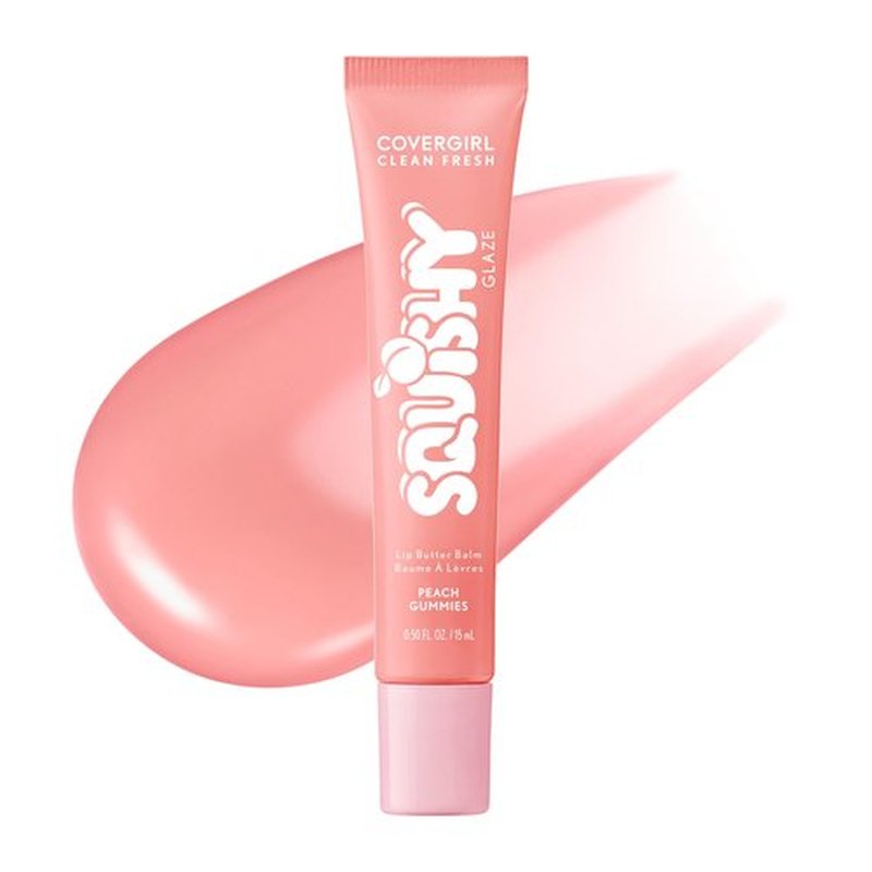 COVERGIRL Clean Fresh Squishy Glaze™ Lip Butter Balm, Flavored, Non-Sticky, with Vitamin E & Shea Butter – 180 Peach Gummies (Sheer Peach Pink)