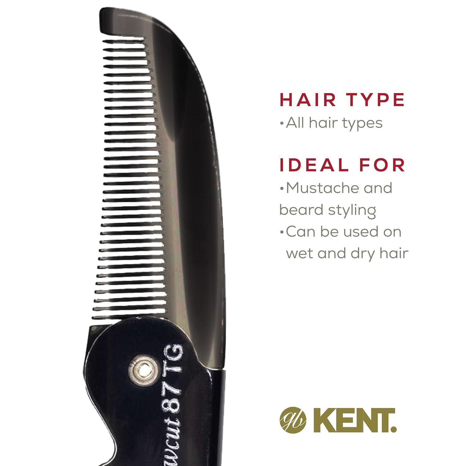 Kent 87T Combo Handmade Folding Pocket Comb for Men, Fine Tooth Hair Comb Straightener for Everyday Grooming Styling Hair, Beard or Mustache, Use Wet or Dry, Saw Cut Hand Polished, Made in England