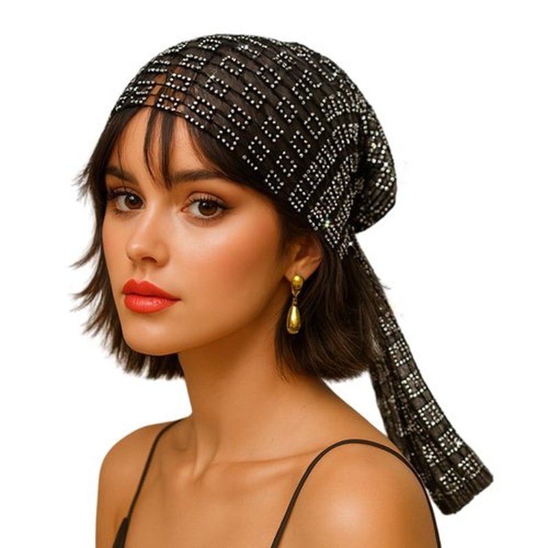 Munyee Hua Square Rhinestone Head Scarf for Women Bling Sparkly Hijab Stretchy Rave Turban Hat Handmade Headband Crystal Mesh Cap Hair Snood Nets Vintage Dress Concert Headpiece Black