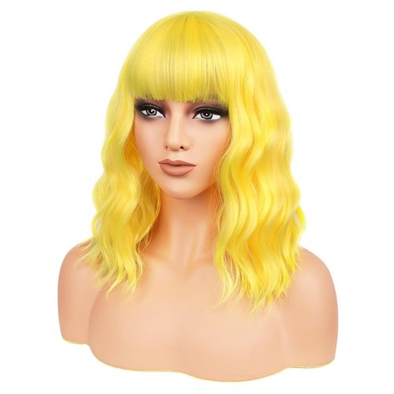 BATISI Yellow Short Bob Wig with Bangs for Women Loose Wavy Shoulder Length 14 Inch Synthetic Wig for Daily Cosplay Party Use