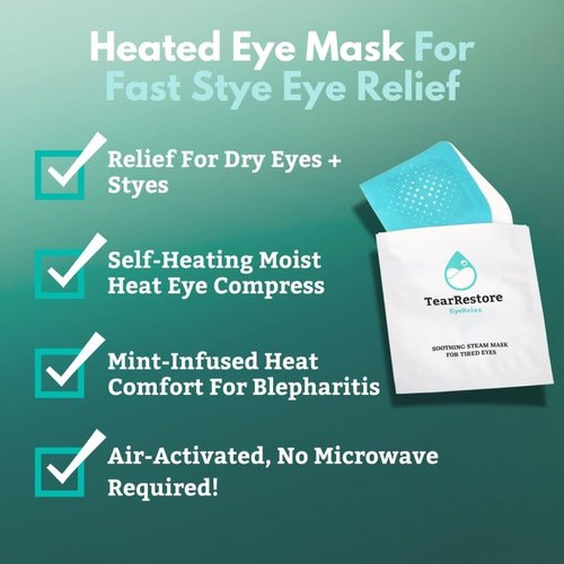 TearRestore EyeRelax Heated Eye Mask for Dry Eye & Stye Relief, Self-Heating Warm Compress with Moist Heat, Mint-Infused Steam Mask for Dry Eyes, Blepharitis Relief & Overnight Comfort (10 Count)