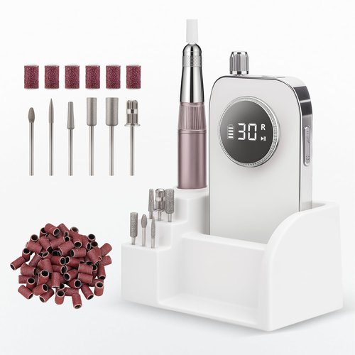 PUSHUJIA 45000 RPM Nail Drill - Brushless Cordless Efile LCD Display & Heat Reduction Tech for Acrylic Gel Nails (White)