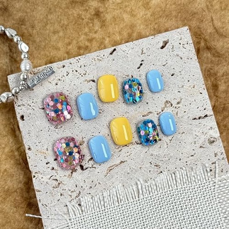 ELEVATED LÉGACY Medium-Sunshine Confetti Fake Nails Press-On Manicure Kit for Women | French Tip 10 Nails | Nail Glue, Dual Nail File, Cuticle Stick, Buffer Block | Measure Before Ordering