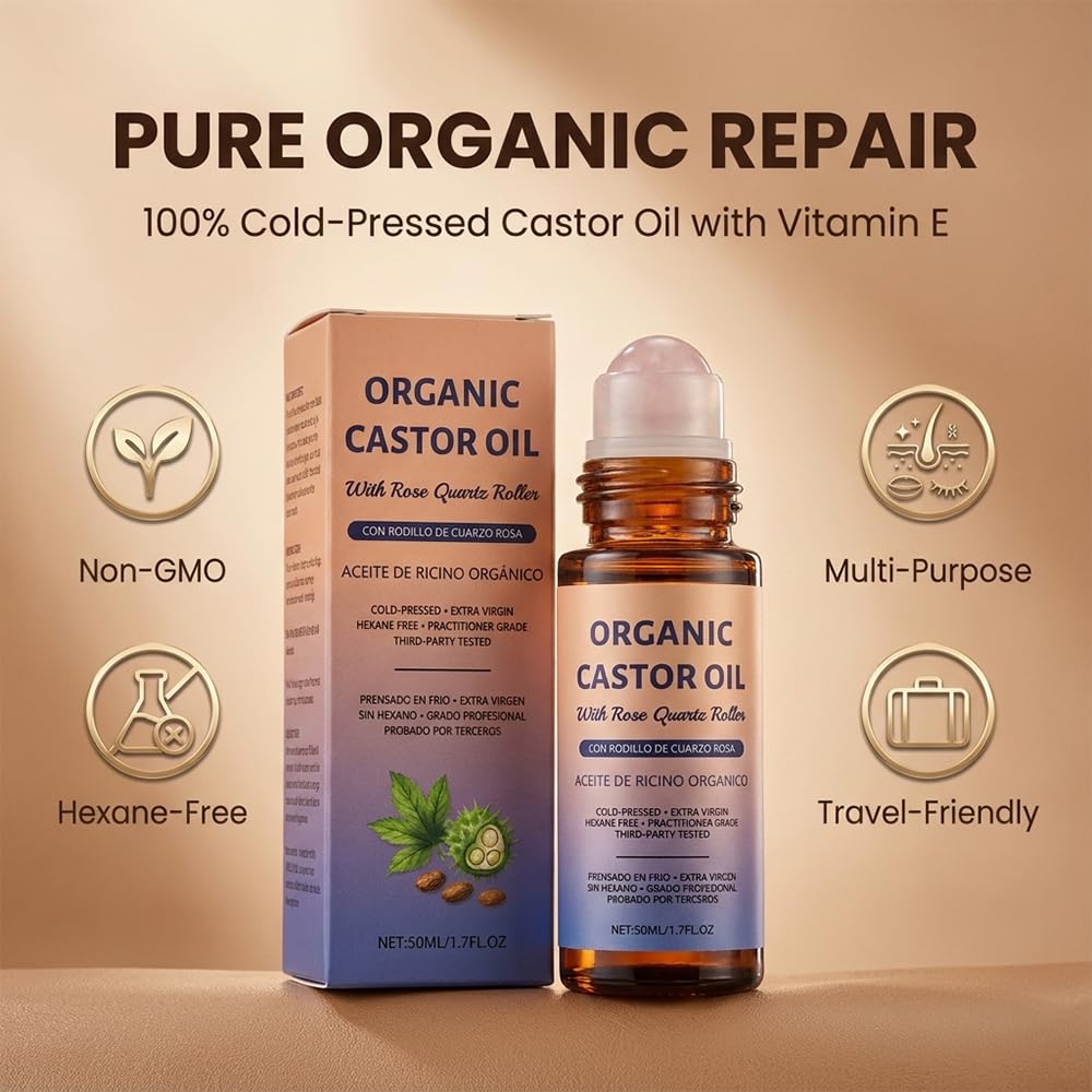 ROVIA 1 PCS Organic Castor Oil Roll On: 100% Cold Pressed Moisturizing Oil with Rose Quartz Roller - for Brows, Lashes, Dry Skin & Face, Travel Friendly Leakproof Roller Bottle (1)