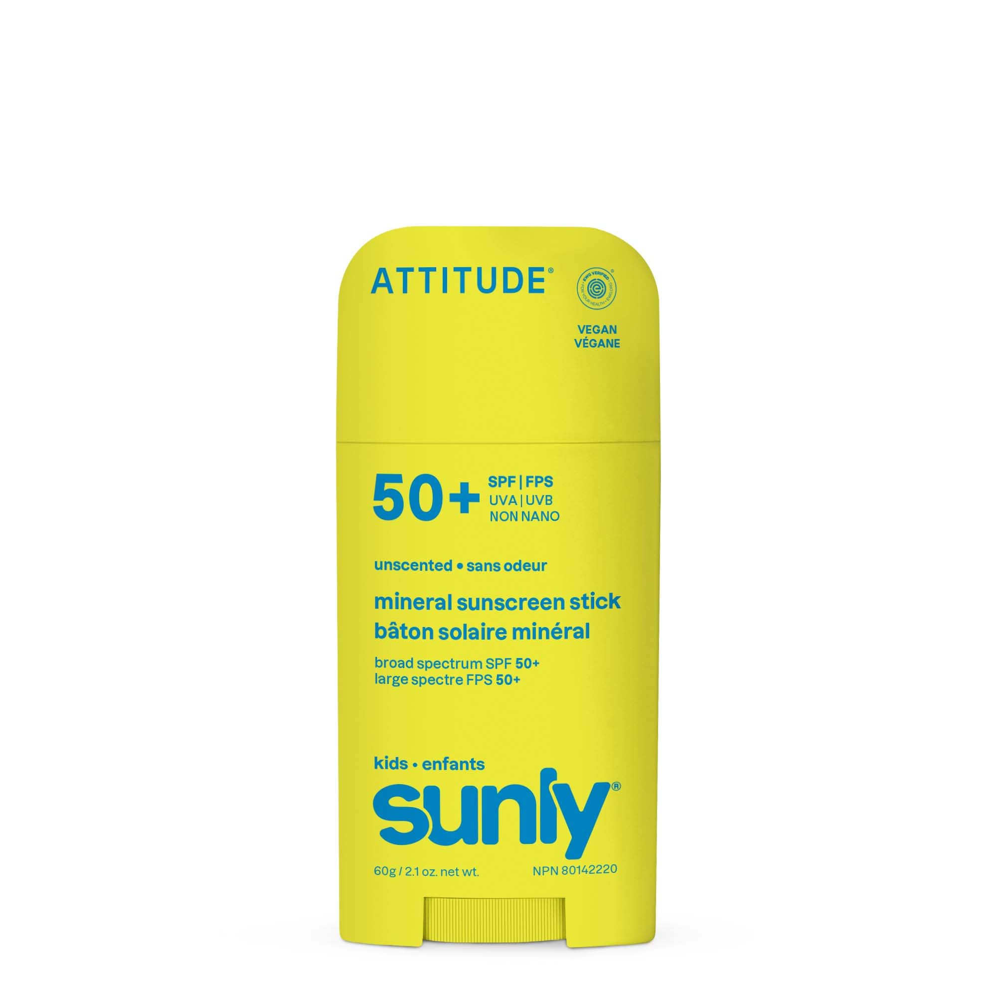 ATTITUDE Kids Mineral Sunscreen Stick SPF 50, Broad Spectrum Zinc Oxide, EWG Verified, Non-Nano, Mess-Free Stick for Face & Body, Lightweight Non-Greasy, Vegan, Unscented, 2 Oz