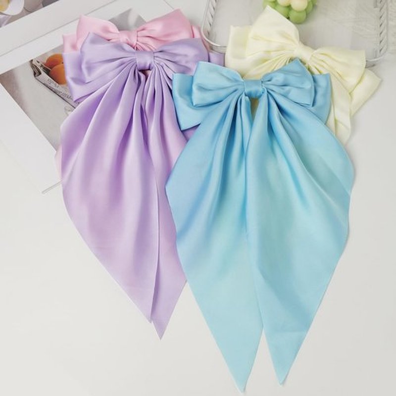 JGQUR Pastel Satin Bows Hair Accessories 4PCS - Long-Tail Bow Clips for Women, Sky Blue Lilac Light Pink Beige - Stylish Hair Barrettes for Spring and Casual Looks