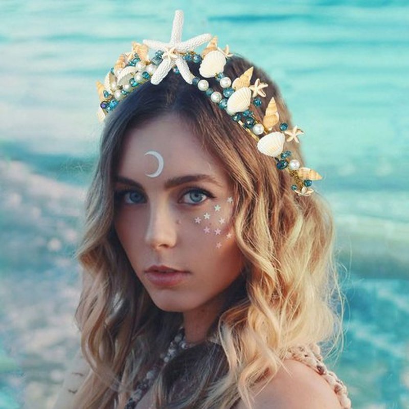 BARTOSI Mermaid Crown Starfish Tiara Gold Seashell Bridal Headband Sea Star Beach Wedding Headwear for Women
