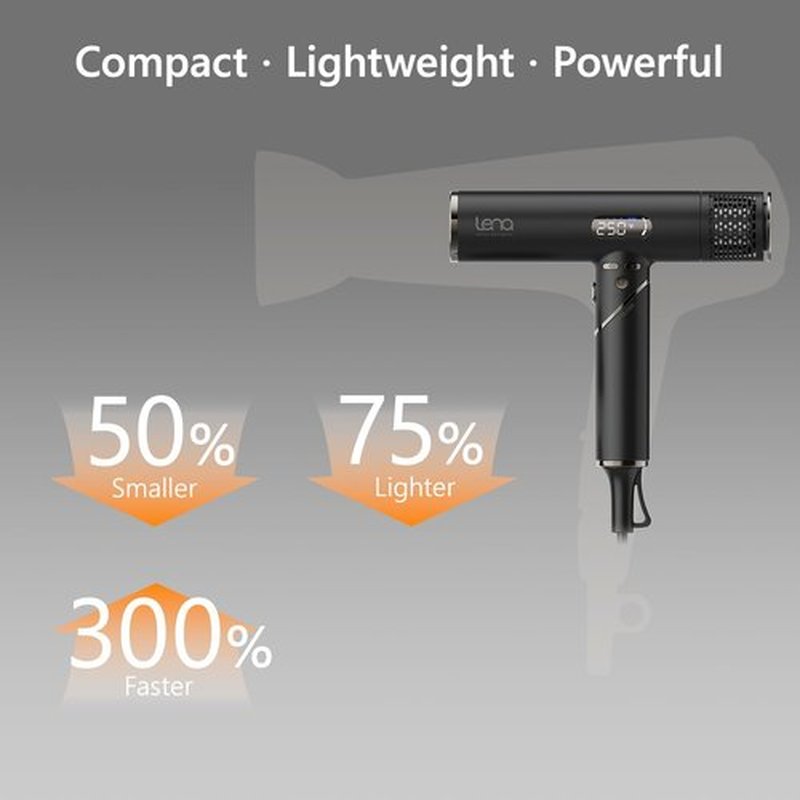 LENA Travel Hair Dryer - Powerful Ionic Foldable Hairdryer | Lightweight, Fast Drying & LED Display