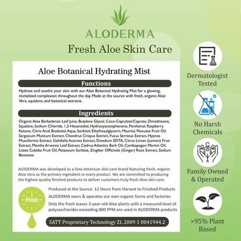 Aloderma Organic Aloe Botanical Hydrating Mister - Made within 12 Hours of Harvest to Soothe & Moisturize, Lightweight Fine Mist Facial Spray - Refresh & Hydrate Skin Through the Day, 120ml/4.23Oz