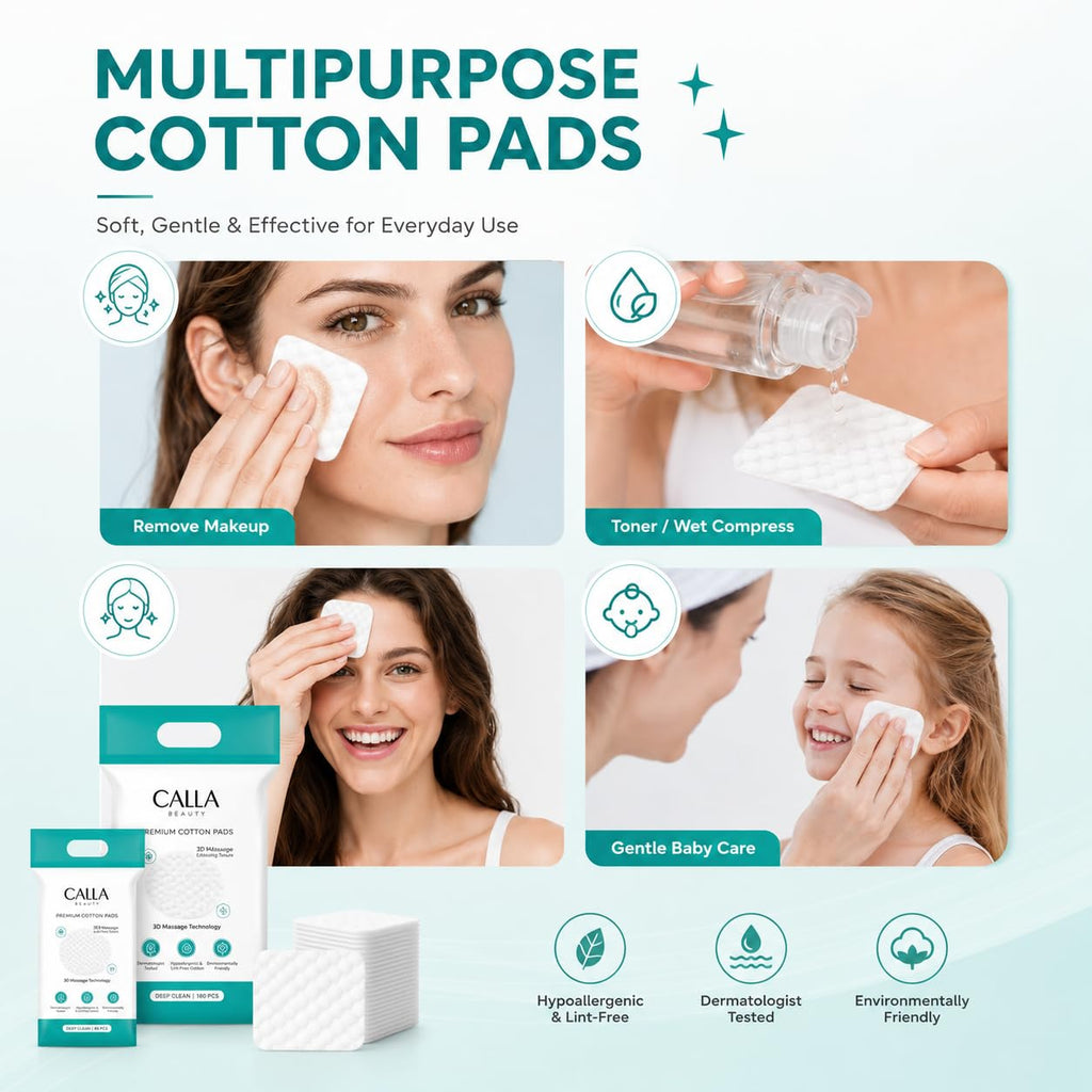 CALLA BEAUTY Deep Clean Cotton Pads for Face (300 Counts (Pack of 2)), Textured Woven Cotton Rounds, Thick & Tear-Resistant, Low Lint Makeup Remover Pads for Toner & Cleansing