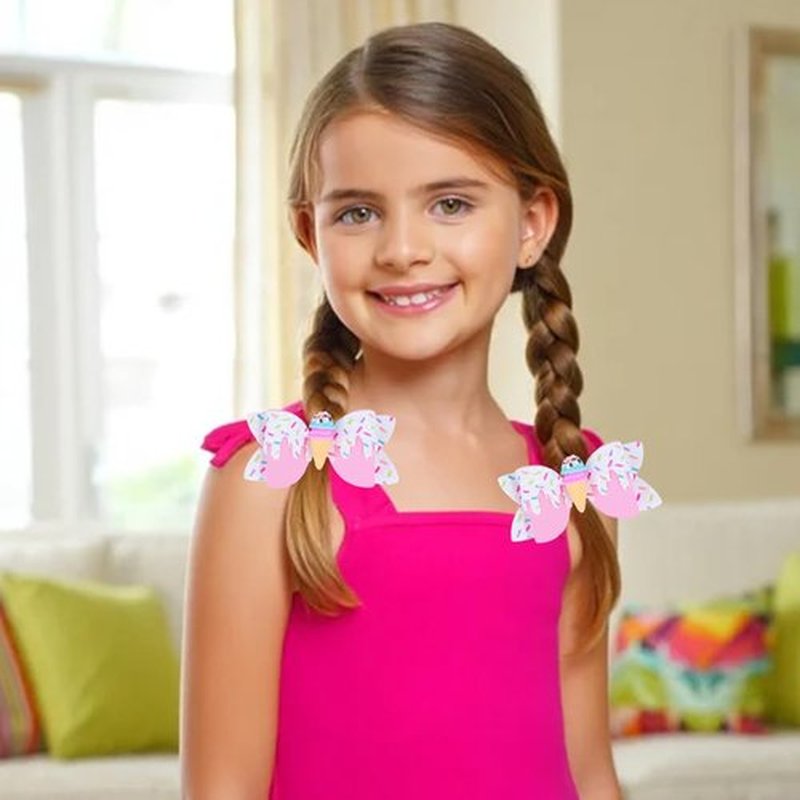 Ice Cream Hair Bow Clips, 3.4 Inch Sparkly Confetti Sprinkle Birthday Hair Bows Full Lined Metal Alligator Clips Boutique Bow-knot Hair Accessories for Girls Toddlers Kids Teens - Pink & White