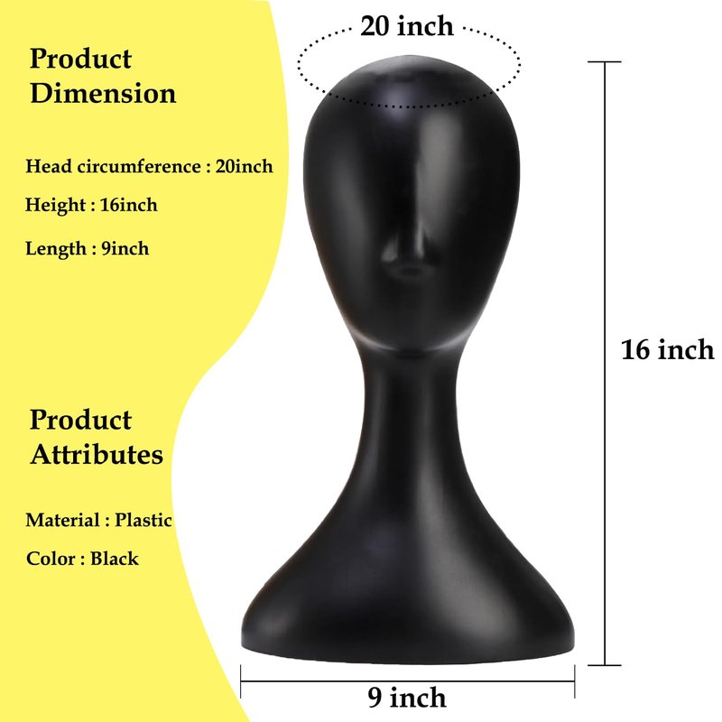 WiZiWi Mannequin Head 16 Inch Professional Plastic Black 1PC with Jack,Durability Multi-Purpose Women Model Wig Stand,Suitable For Displaying and Styling Wigs,Hats,Masks,Headdresses and Necklaces