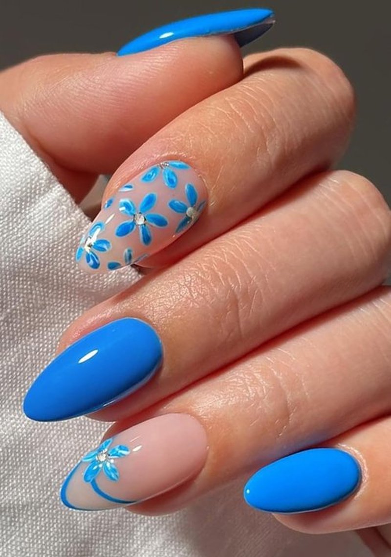 JMEOWIO Gel Nail Stickers Blue Flower French Tip Semi Cured Gel Nail Strips Wraps UV/LED Nails Art Design Decoration Accessories