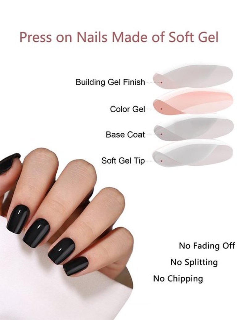 Short Square Press On Nails (Onyx) Reusable Natural Stick On Nails with Glue in 15 Sizes – 32 Soft Gel Fake Nails Kit