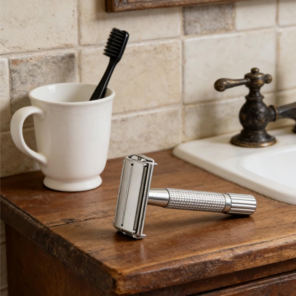 KALLORY Manual Safety Razor Double Edge Butterfly Open Shaving Cutter with Replaceable Blades Stainless Steel Old Style Beard Shaver for Men Facial Hair Removal