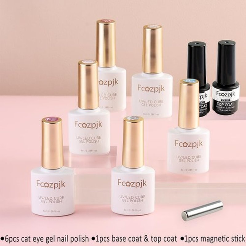 Fcozpjk Cat Eye Gel Nail Polish, Sparkle Glitter Cat Eye Gel Nail Polish Set with Magnet Stick Top & Base Coat, Pink Wine Red Blue Silver Cateye Nail Gel Kit Salon Gel Manicure Supplies 6 Colors