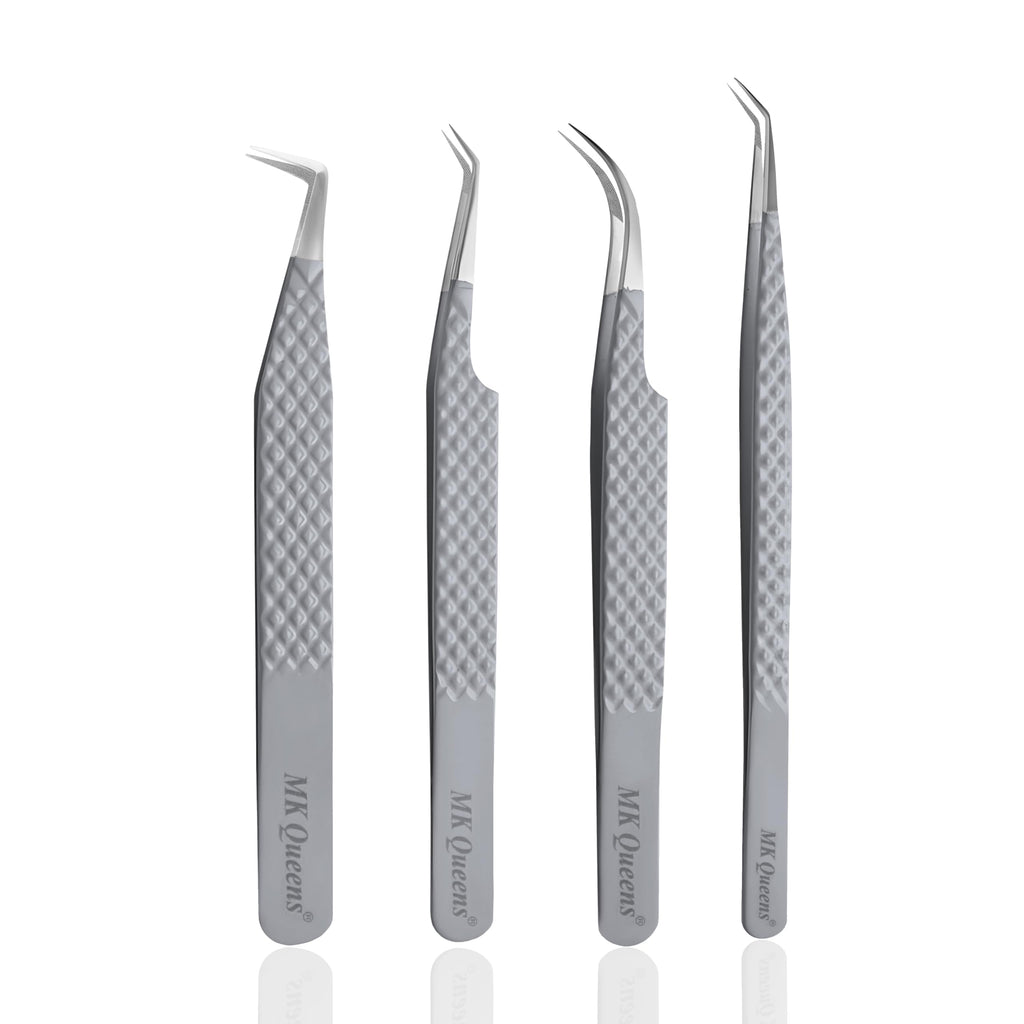 MK Queens Lash Tweezers - Stainless Steel Fiber Tip Eyelash Tweezers (Set of 4) - Diamond Grip Professional Lash Tweezers for Eyelash Extensions (Grey)