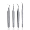 MK Queens Lash Tweezers - Stainless Steel Fiber Tip Eyelash Tweezers (Set of 4) - Diamond Grip Professional Lash Tweezers for Eyelash Extensions (Grey)