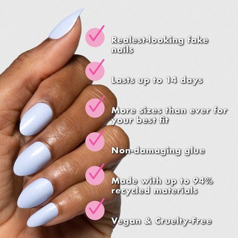 Olive & June Press-On Nail Bestsellers Kit - 4 Realistic Sets in HD Crisp White, Classic French, Shimmery Super Star & BP Icy Blue | Non-Damaging Glue, Up to 14-Day Wear