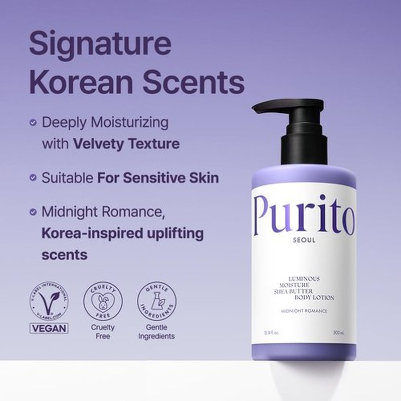 PURITO Luminous Moisture Shea Butter Body Lotion, Shea Butter, Gentle on Skin, Moisturizing, Dry Skin, Pump Bottle, K-Beauty, 300ml / 10.14 fl. oz. (Midnight Romance, 10.14 fl. oz.)