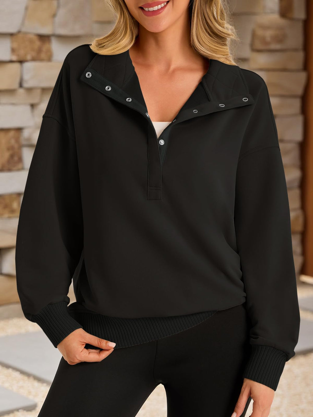 Fisoew Womens Oversized Sweatshirts Casual Long Sleeve Snap Button Henley Neck Loose Fit Fall Pullover Tops