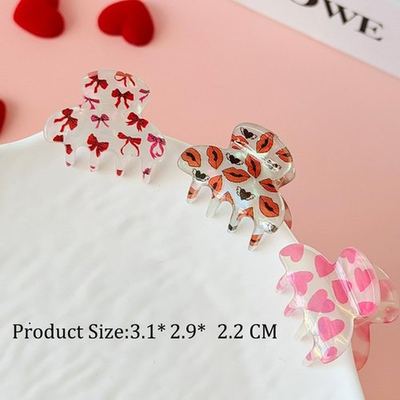 Mini Valentines Hair Claw Clips with Heart,Bow and Lips Design Acrylic Non-Slip Claw Hair Clips Reusable Cute Clip for Hair for Women Girls Valentine's Day Accessories 6 Pcs