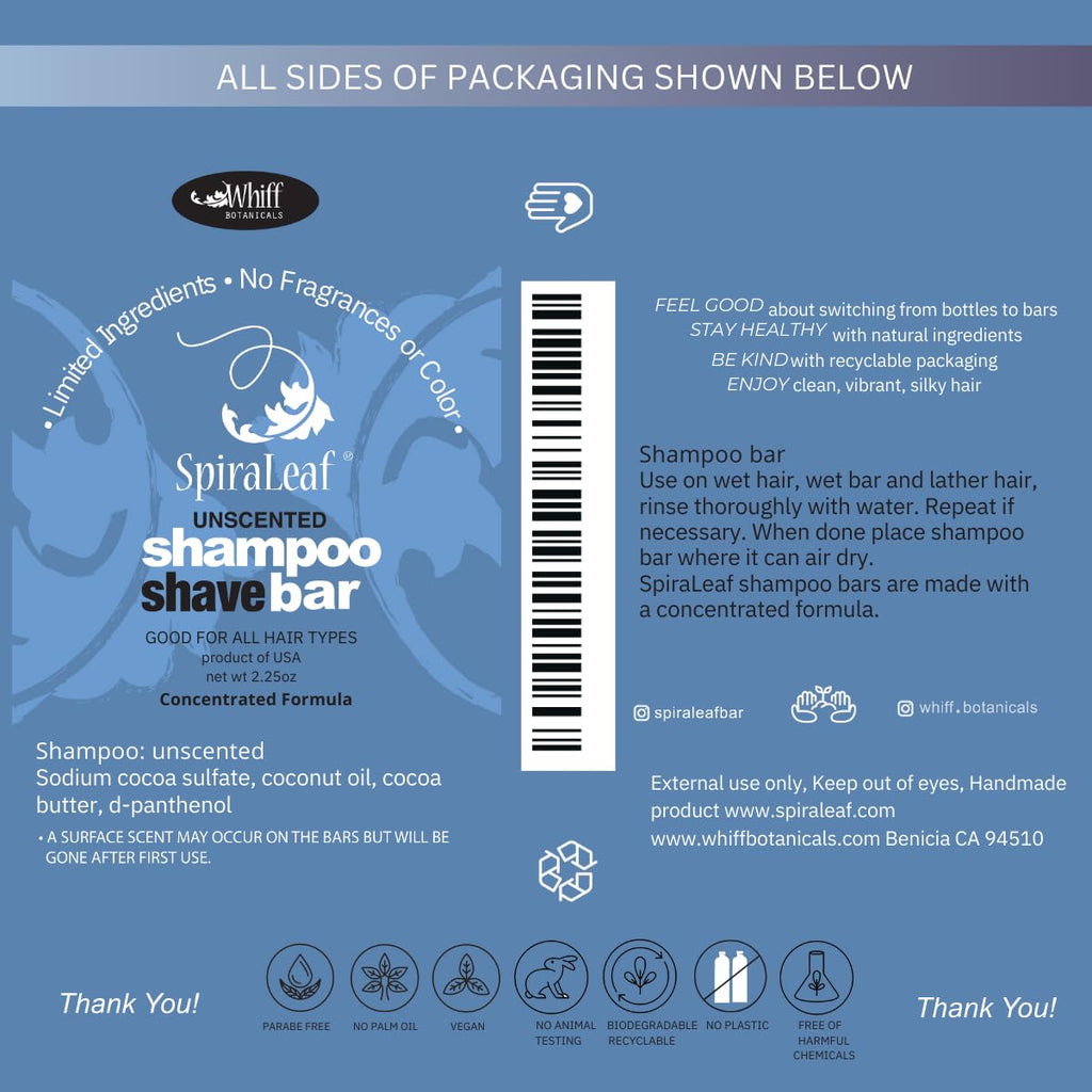 Spiraleaf Shampoo & Shave Bar – Plant-Based Shampoo & Shave Bar for All Hair Types, Concentrated Formula with Essential Oils, Limited Ingredients,USA Made, 2.25oz -Unscented