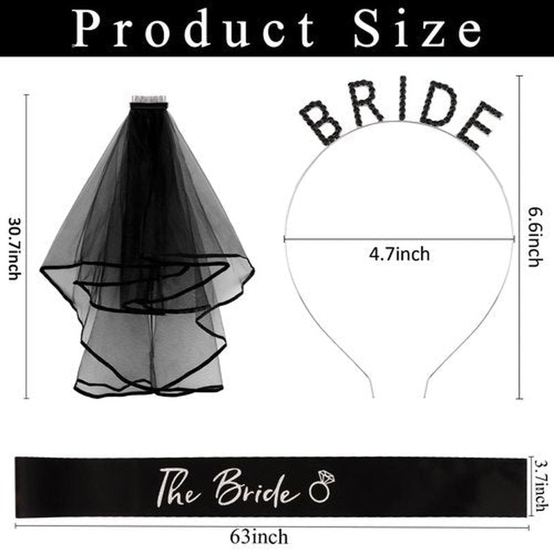 KICOSY Black Bride Headband, Black Veil & Sash for Gothic Wedding, Bachelorette Party & Engagement
