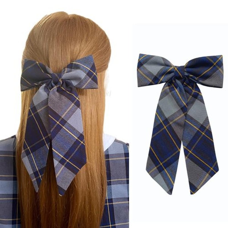 ClassExceed Jumbo Hair Bow for Girls – Extra Large 5"x8" with Long Tail & Secure French Barrette – Durable Yarn-Dyed Fabric – Elegant Back to School Accessory (Classic Navy Plaid- Blue Gold Gray #57)