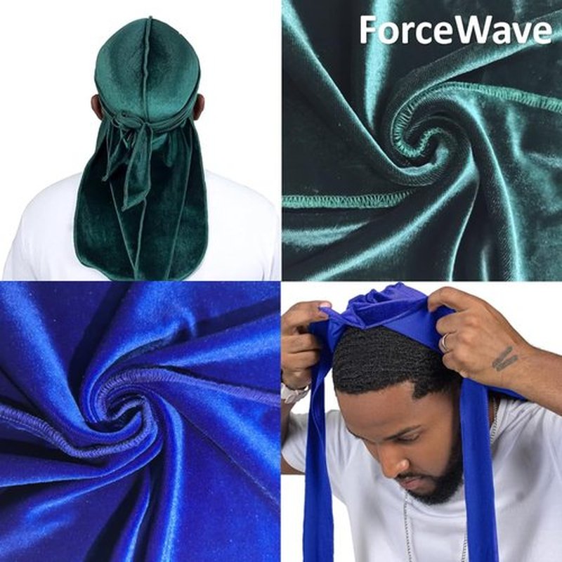 ForceWave Velvet Durags for Men Premium Du Rags Pack of 4 for Men Women with Long Tail and Wide Strap (Black Red Blue Green)