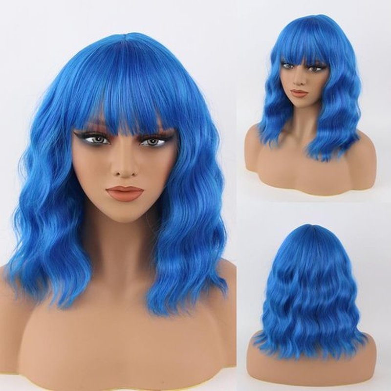 HWHRGL Blue Wigs with Bangs for Women 14inch loose wavy bob Wig With Bangs Curly Wavy Shoulder Length Bob Synthetic Wigs Colorful Wavy Wigs for Cosplay Daily Party Use Halloween Wig (Blue, 14 Inch)