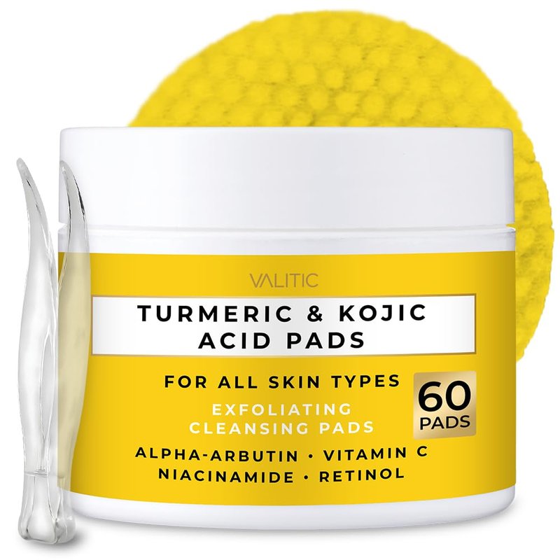 VALITIC Turmeric Kojic Acid Cleansing Pads - Exfoliating Dark Spot Remover with Vitamin C & Retinol - 60 Count