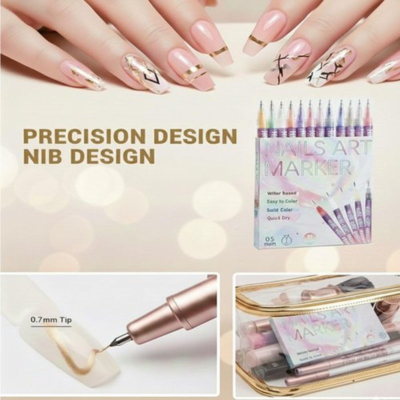 12 Colors Nail Art Pens Set, 3D Nail Art Pens Quick Dry and Waterproof for DIY Nail Design, 0.5mm Fine Tip Liner for Dotting, Drawing and Detailing, Home and Salon Manicure Tools