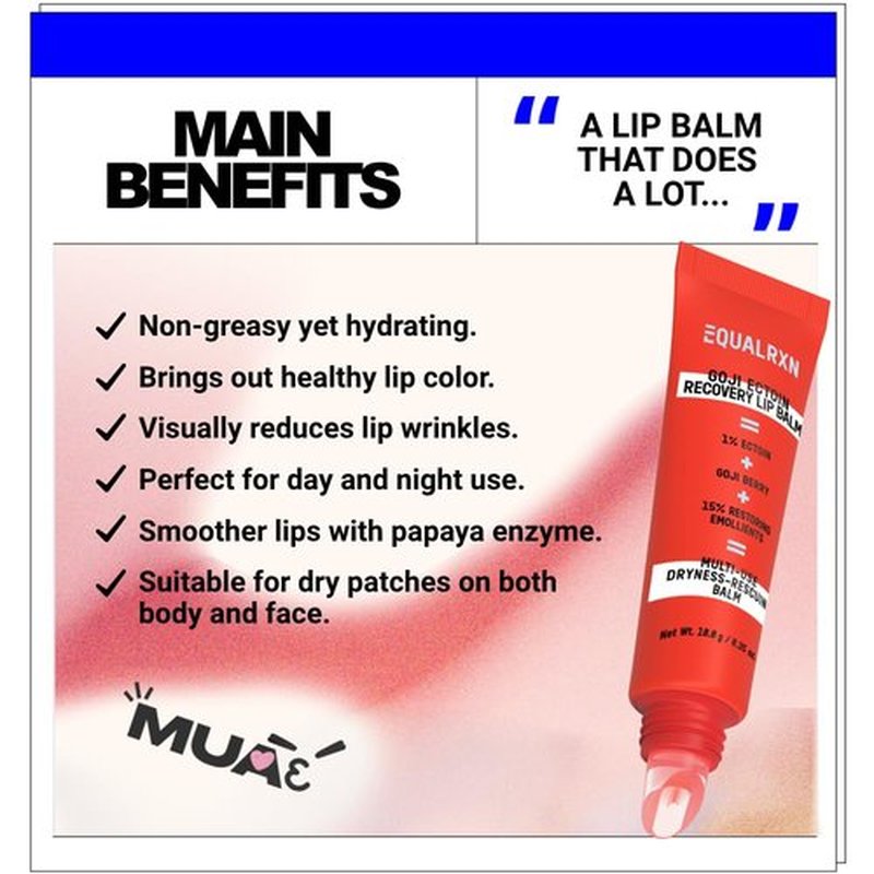 EqualRXN Goji Ectoin Recovery Lip Balm - Hydrating Moisture Oil Formula with Papaya Enzyme for Dry Chapped Lips Barrier & Skin Patches