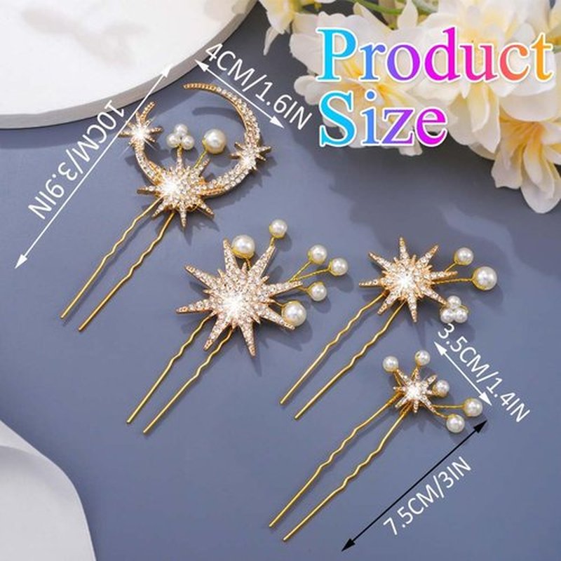 BARTOSI Moon Star Wedding Hair Clips Gold Rhinestone Hair Pins Bridal Hair Pieces Goddess Hair Accessories for Women and Girls (Pack of 4)