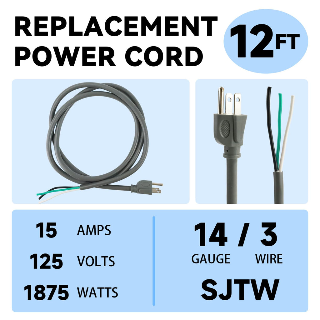 FSTSN 2 Pack 12 ft 14/3C Appliance/Tool Extension Replacement Power Cord, 14 Gauge 3 Prong Replacement Power Supply Cord Cable, 110V 115V 120V AC Pigtail, 15A, 1875w Grey