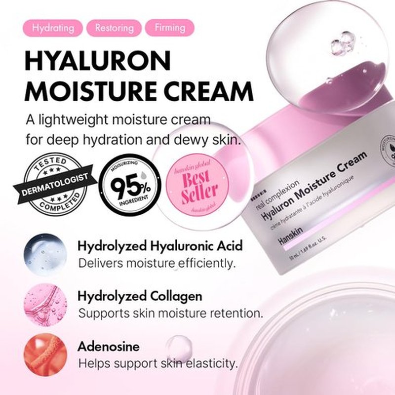 Hanskin Hyaluron Moisture Cream - Hydrating Korean Cream for Glass Skin | Lightweight Formula with Hyaluronic Acid, Niacinamide & Vitamin E | Ideal for Sensitive & Dry Skin (1.69 fl oz)