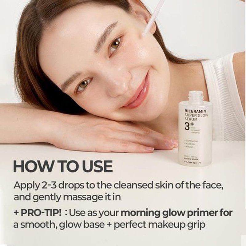 FARMSKIN Riceramin Super Glow Serum - Revitalizing & Moisturizing Makeup Primer Face Serum with 5x Ceramide, Rice Extract & Vitamin C - Korean Skin Care for Uneven Skin Tone & Visible Spots 1.69 fl oz