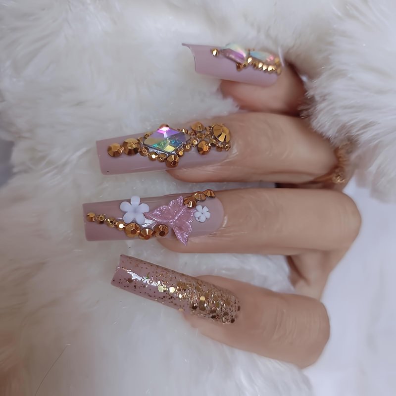 ZYBUXY luxury coffin fake nails,24pcs Khaki press on nails Full Cover Acrylic Nails for Women and Girls False Nails