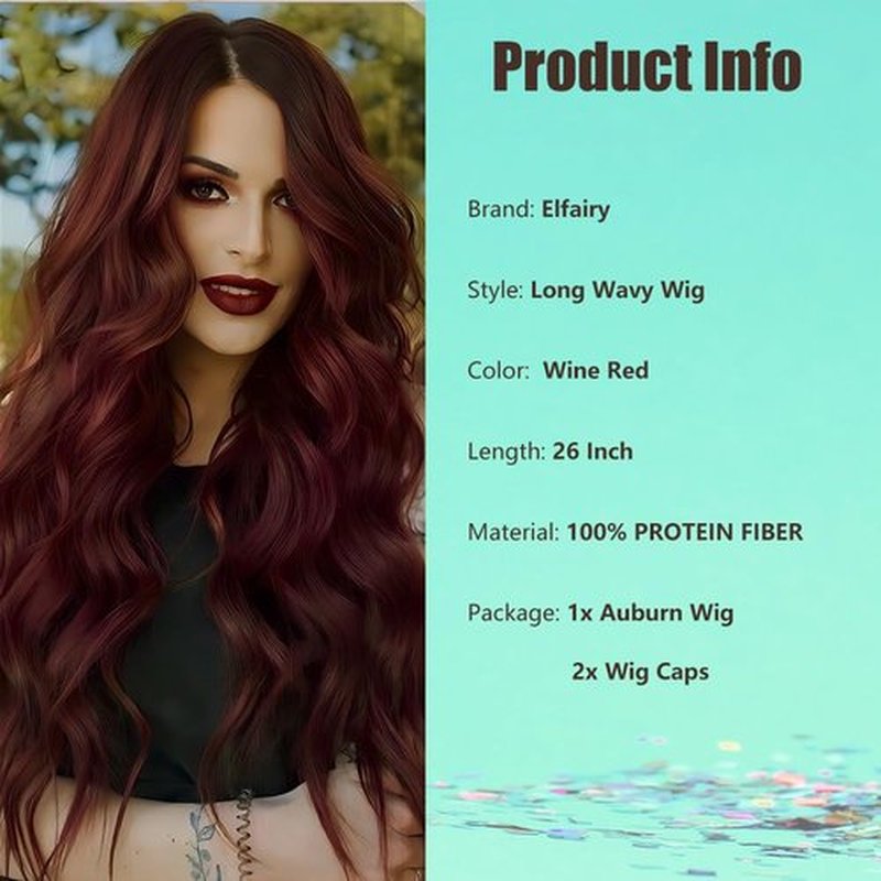 Red Wigs for Women Long Wavy Wig Natural Middle Part Wine Red Wig Synthetic Curly Wave Hair Replacement Wigs Heat Resistant Fiber Hair Wig for Daily Party (26'' Red)