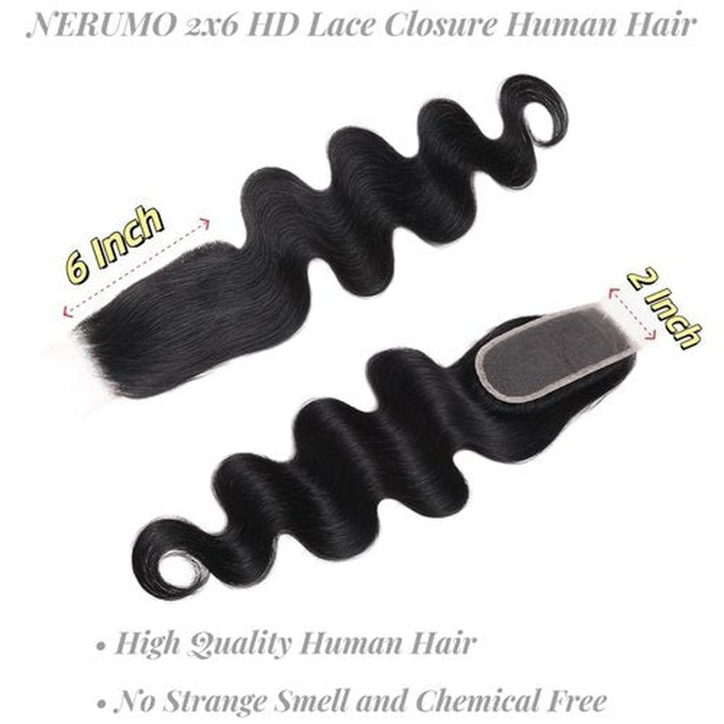 2x6 HD Lace Closure Body Wave Human Hair Transparent 2 by 6 HD Lace Closure 14Inch 100% Brazilian Virgin Unprocessed Middle Part Human Hair Kim K Closure With Baby Hair Natural Color